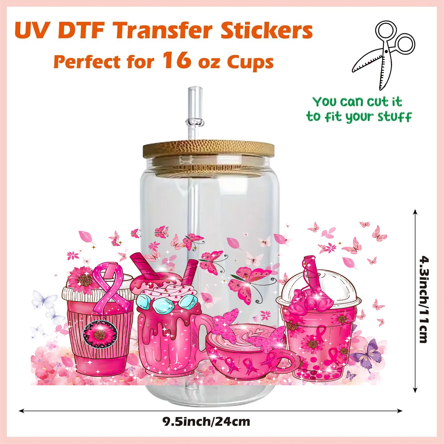 Breast cancer series Easy peel waterproof DIY Decals 3D transfers uvdtf crystal stickers 16oz uv dtf cup wraps for Glasses