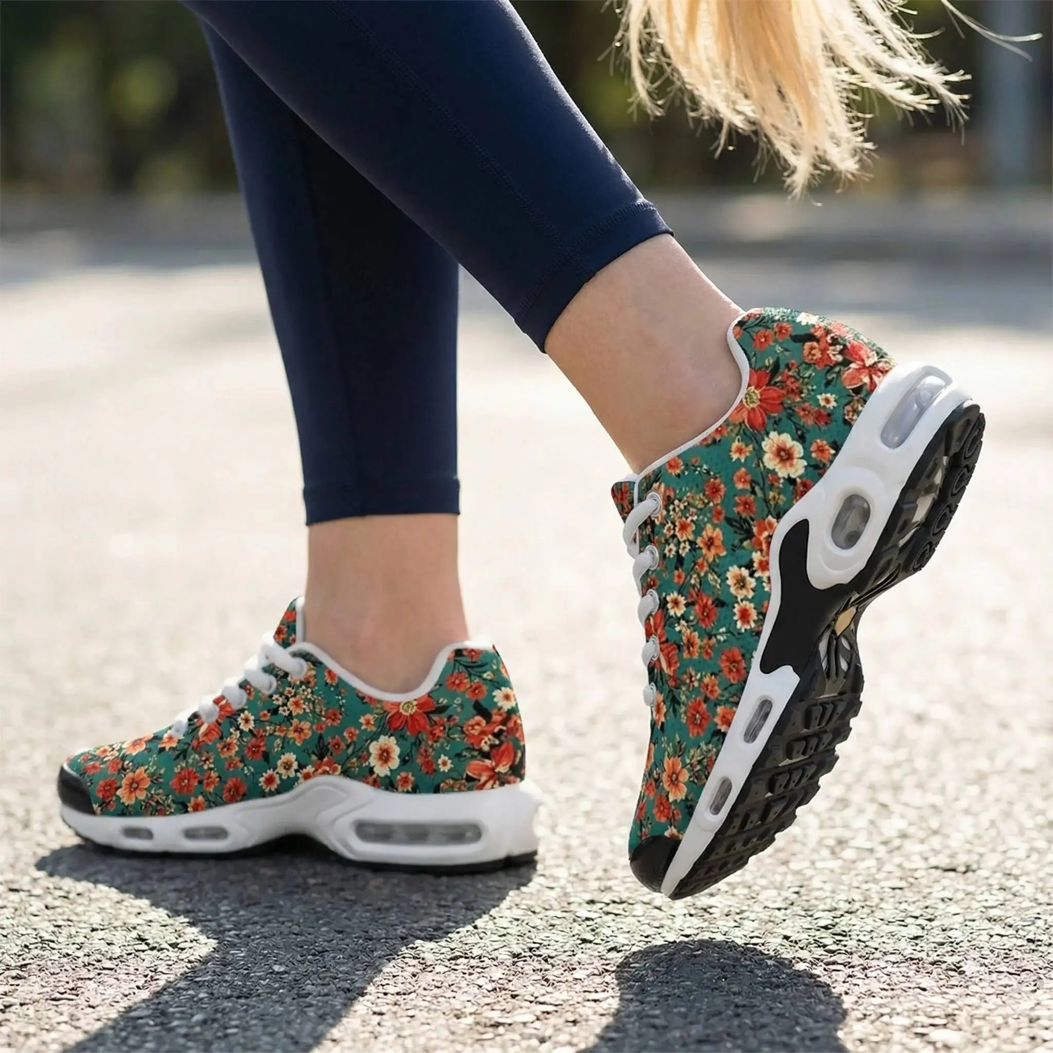 Bohemian Style Red Floral Print Casual Air-Cushioned Shoes Breathable Mesh Upper Athletic Sneakers For Woman