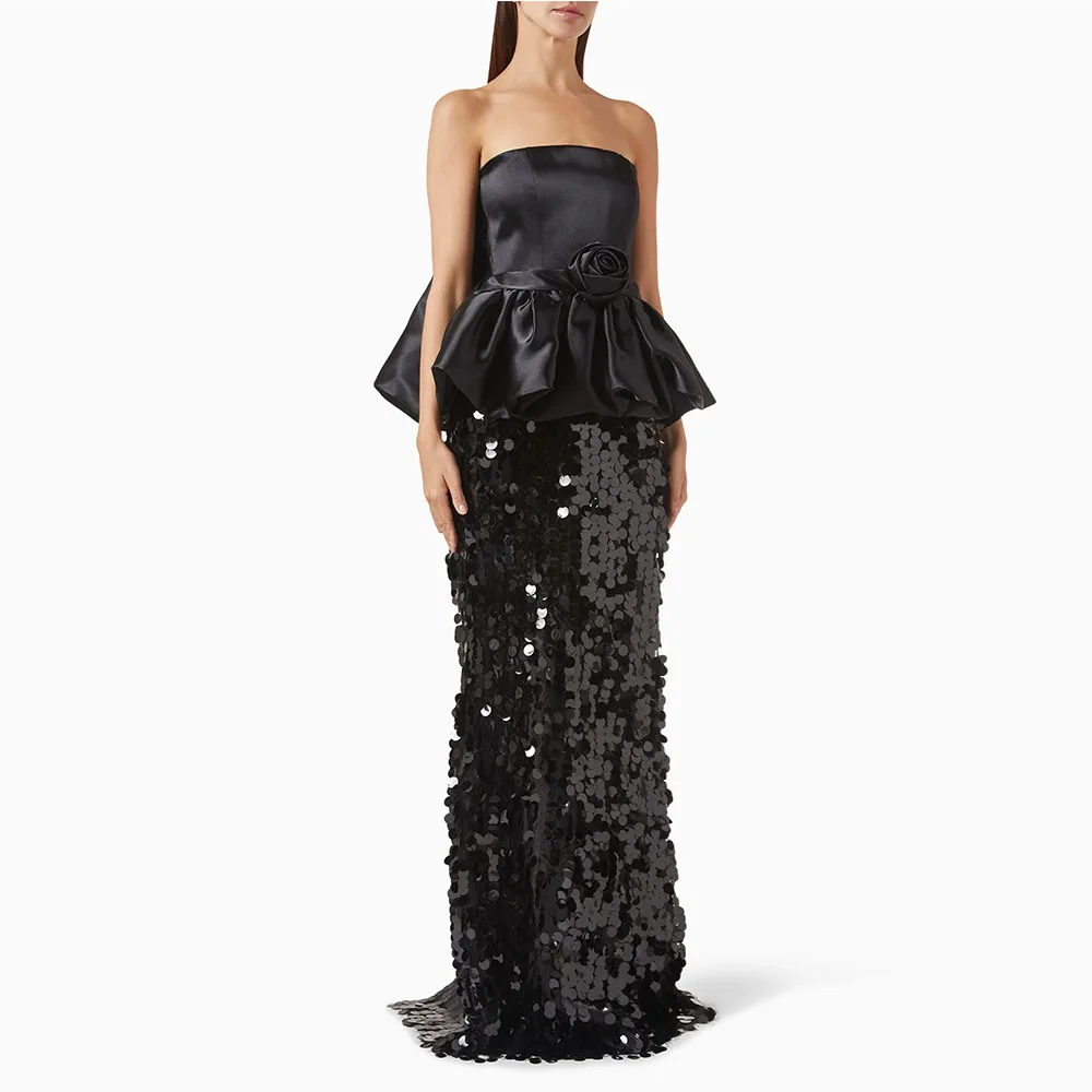 

Black Prom Dress Sheath Strapless Women's Evening Dress Sleeveless Formal Party Dress Floor Length Sequin Saudi Gown