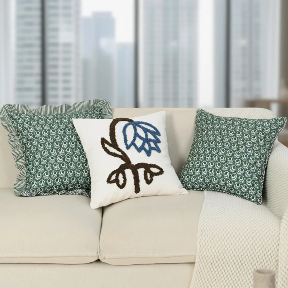 Nordic Floral Embroidered Cushion Cover 45x45cm Teal Blue Pleated Lace Pillow Case for Sofa Decor