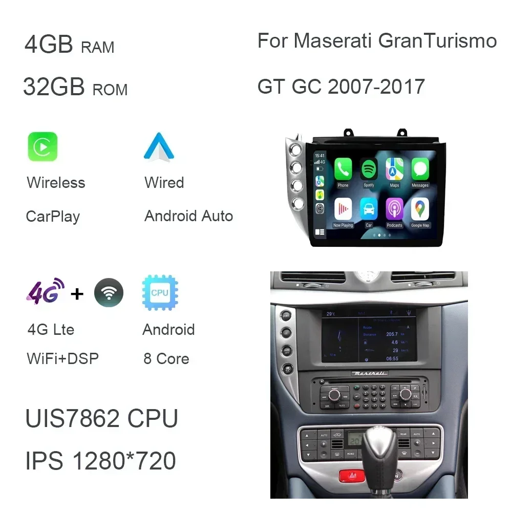 IPS 1280*720 Carplay 10.4" Android 13.0 6GB+128GB Car DVD Player GPS WIFI Radio For Maserati GranTurismo GT GC 2007- 2017 image 3