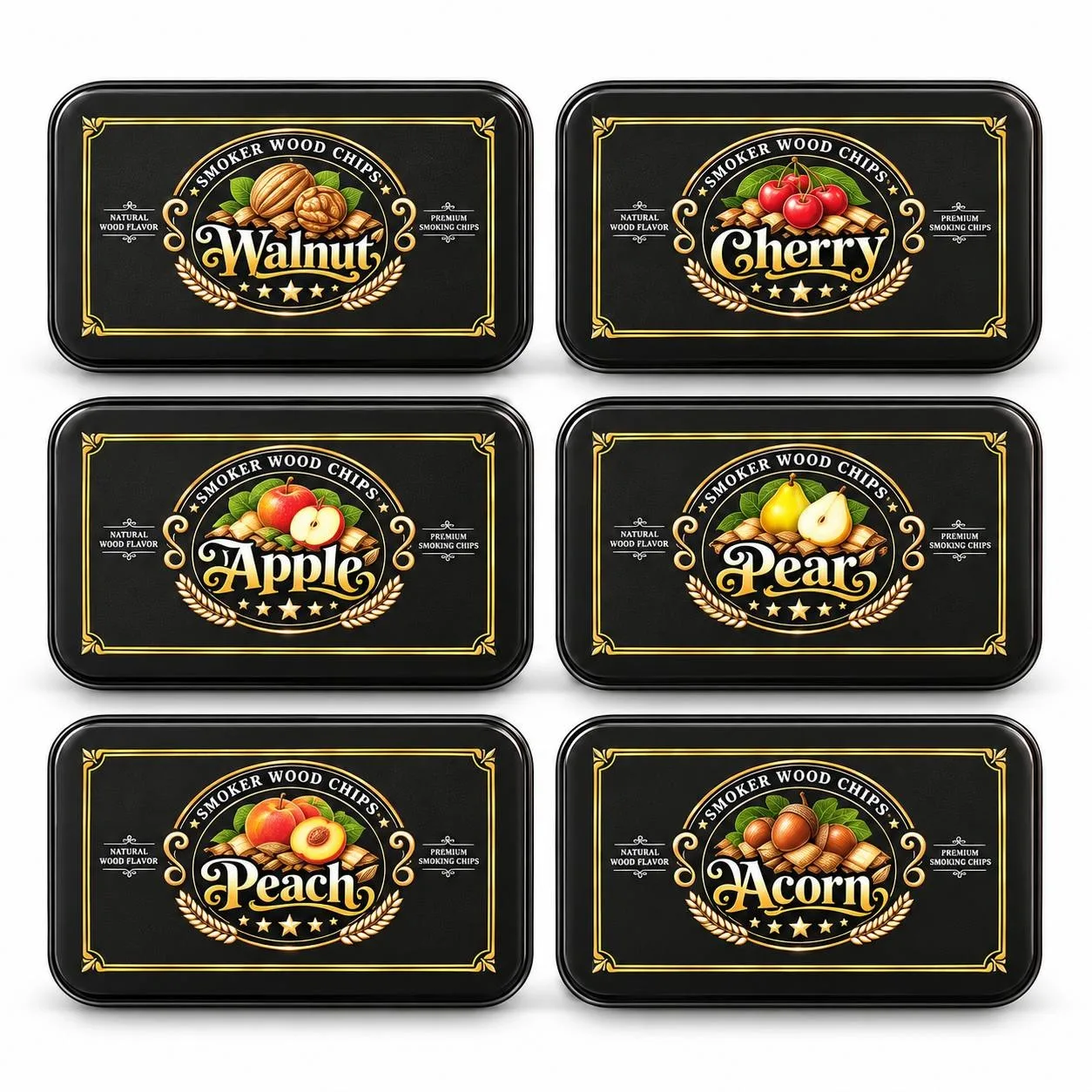 6-pack of whisky cocktail smoking wood chip sets, 6 flavors of wood chips in separate black aluminum boxes, suitable for whisky