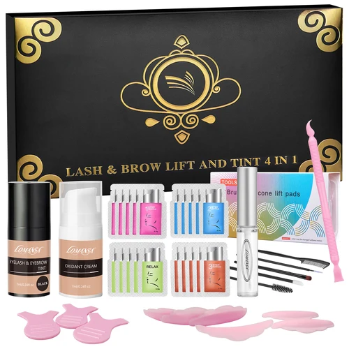 Lomansa Kit de levantamiento y tinte de pestañas, kit de permanente de pestañas negras, pestañas voluminosas permanentes y rizadas con herramientas completas, salón dura 4 semanas