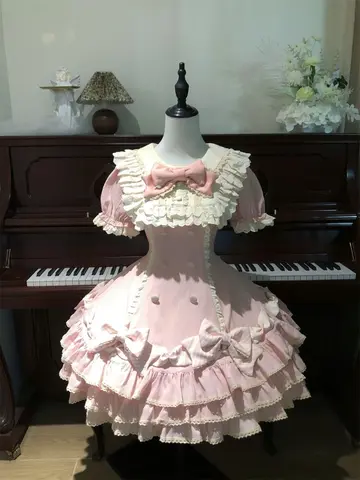 Japanese Sweet Lolita Kawaii Short Dress Women Pink Princess Y2k Bow Ruches Slim Dresses Female Korea Style Design Chic Outfits