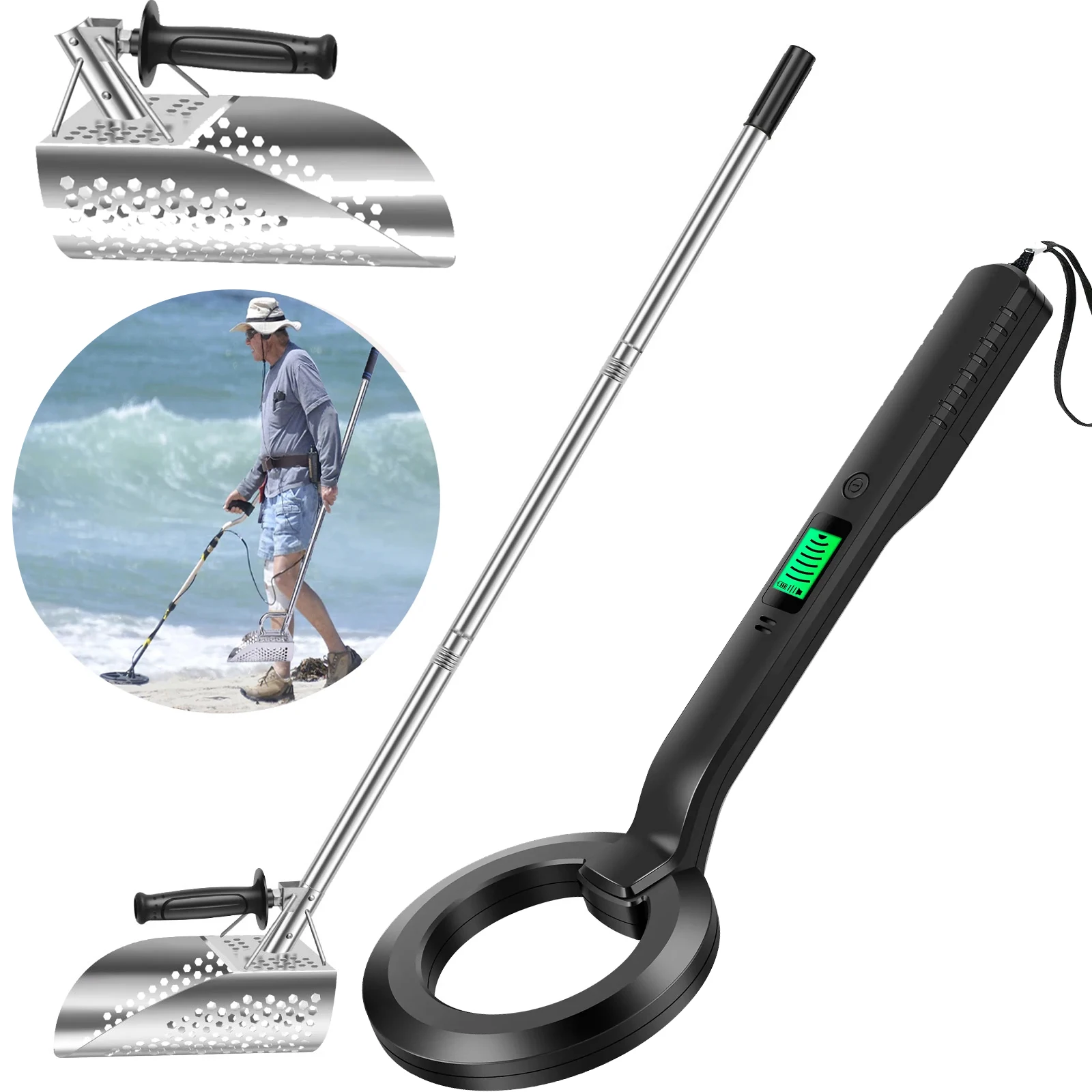 

Sand Scoop Metal Detecting Shovel Beach Treasure Hunting Sand Scoop 360° Metal Detector, Handheld with Long Steel Handle Pole