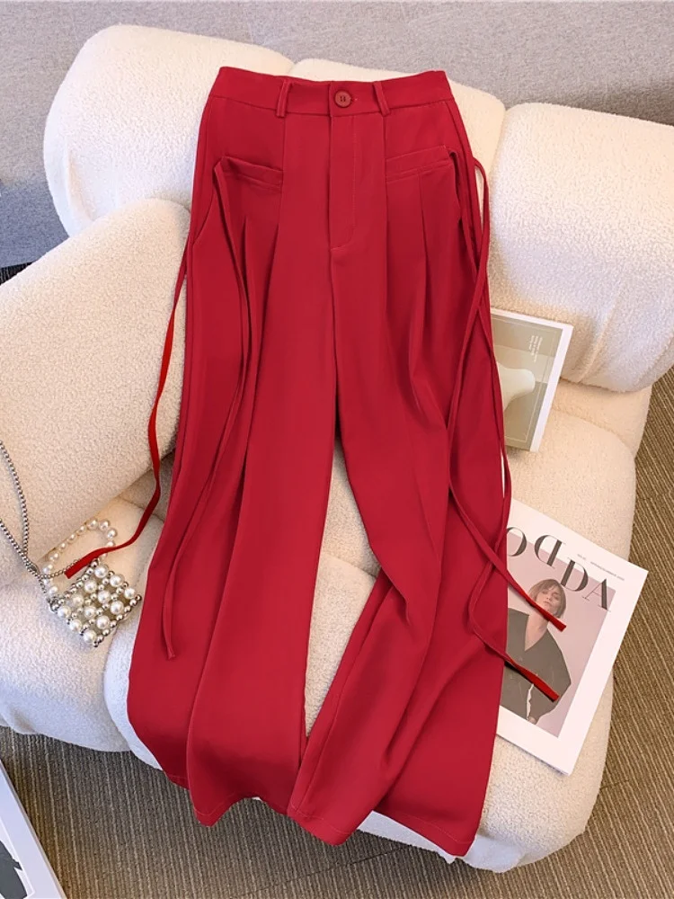 

High Waist Wide Leg Pants Women's Summer Slim Fit Casual Suit Pants Draped Straight Leg Trousers Elegant Belted Casual Pants