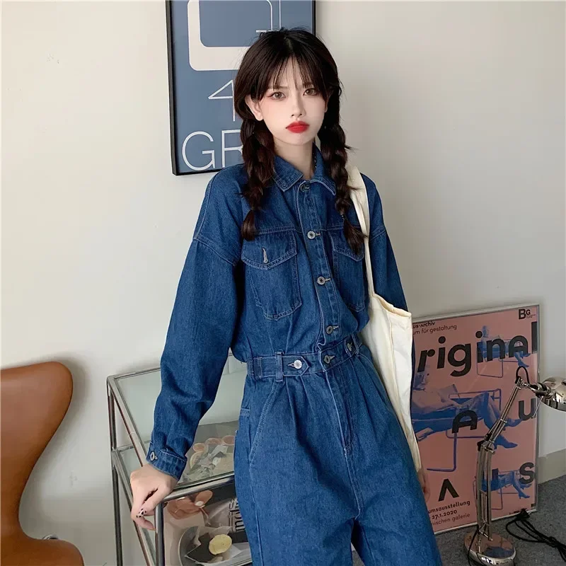 Streetwear Style Women Denim Overalls Pants Spring Autumn Long Sleeve Bodycon Jeans Romper Wide Leg Jumpsuits High Waist