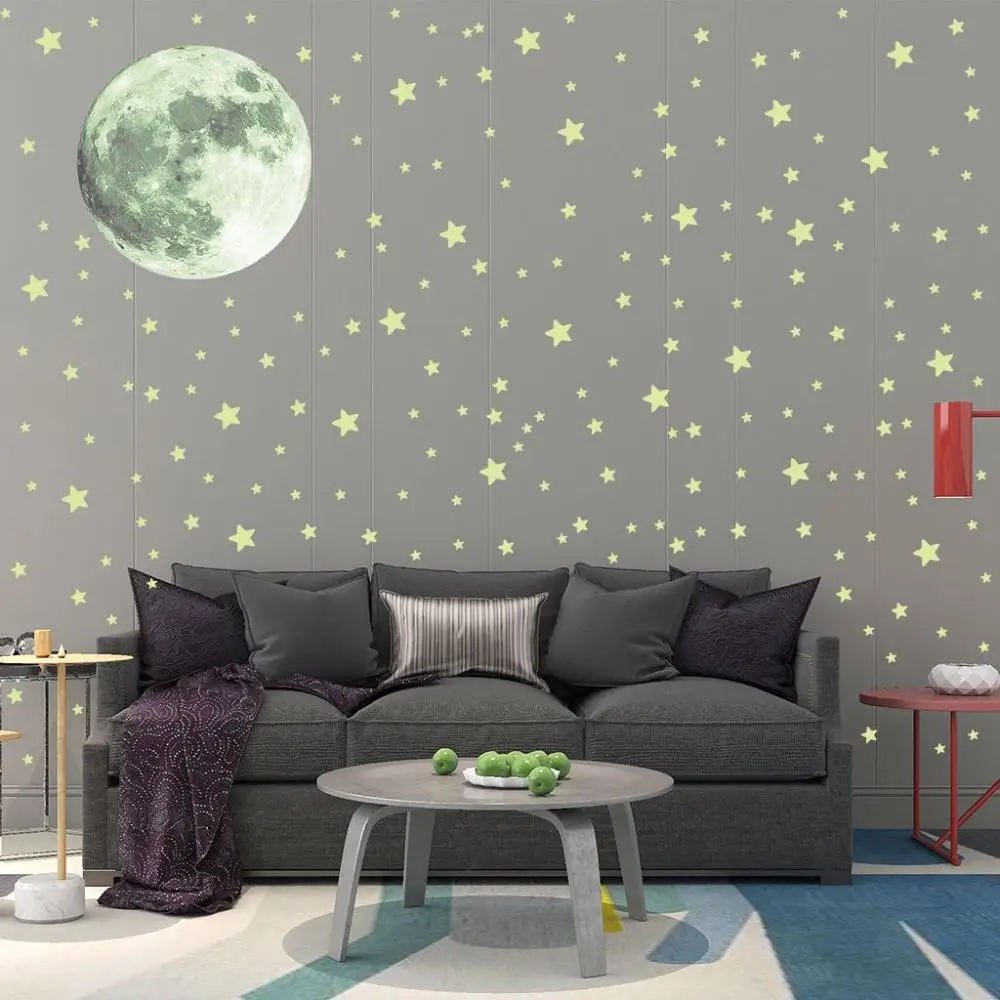 Starry Ceiling Cling Kids Bedroom Fluorescent Full Luna Moon Stars Wall Stickers Glow In Dark Luminous Decals