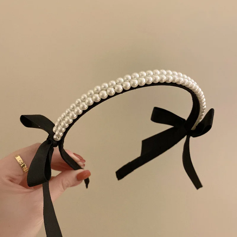 Pearl Hair Band for Women Sweet Black Bow Headband Hair Hoops Holder Ornament Head Band Lady Elegant Fashion Hair Accessories