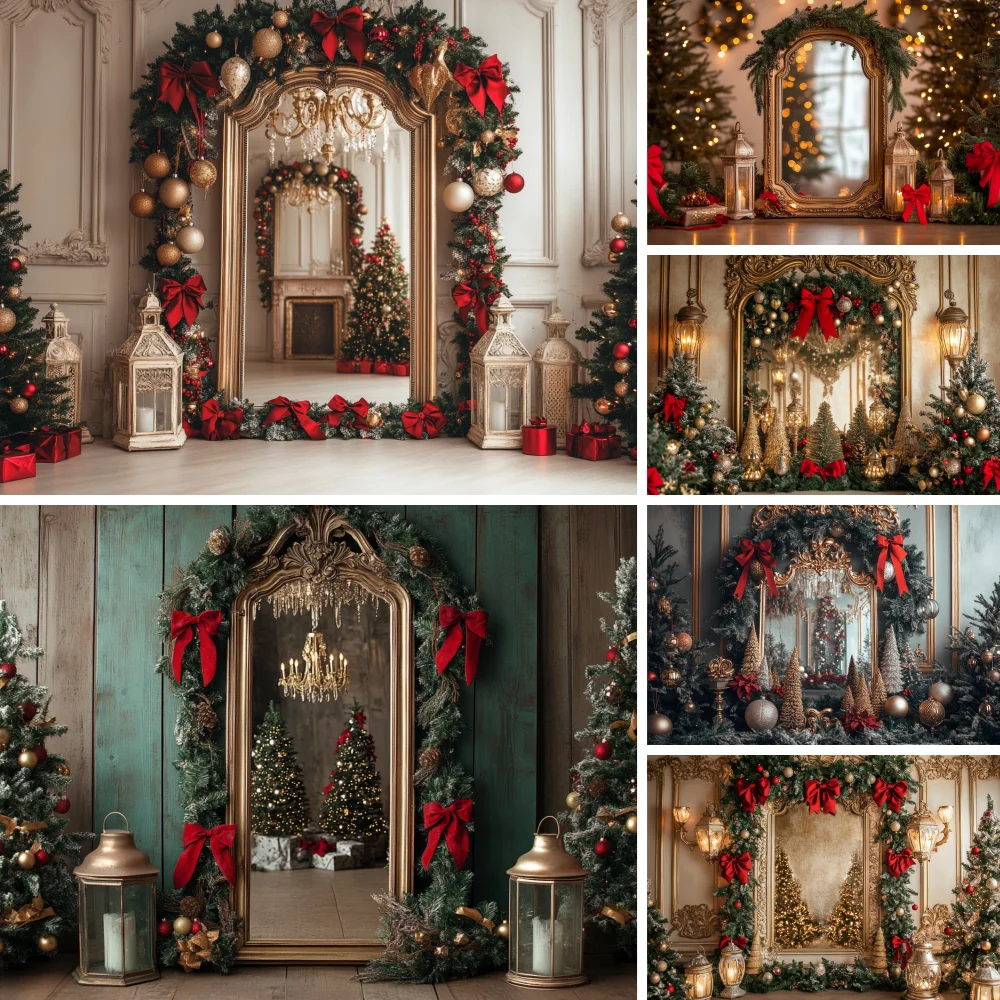 

Golden Christmas Photo Frame Background Photography Xmas Tree Wreath Lantern Candle Red Bow Backdrop Winter Kids Photo Studio