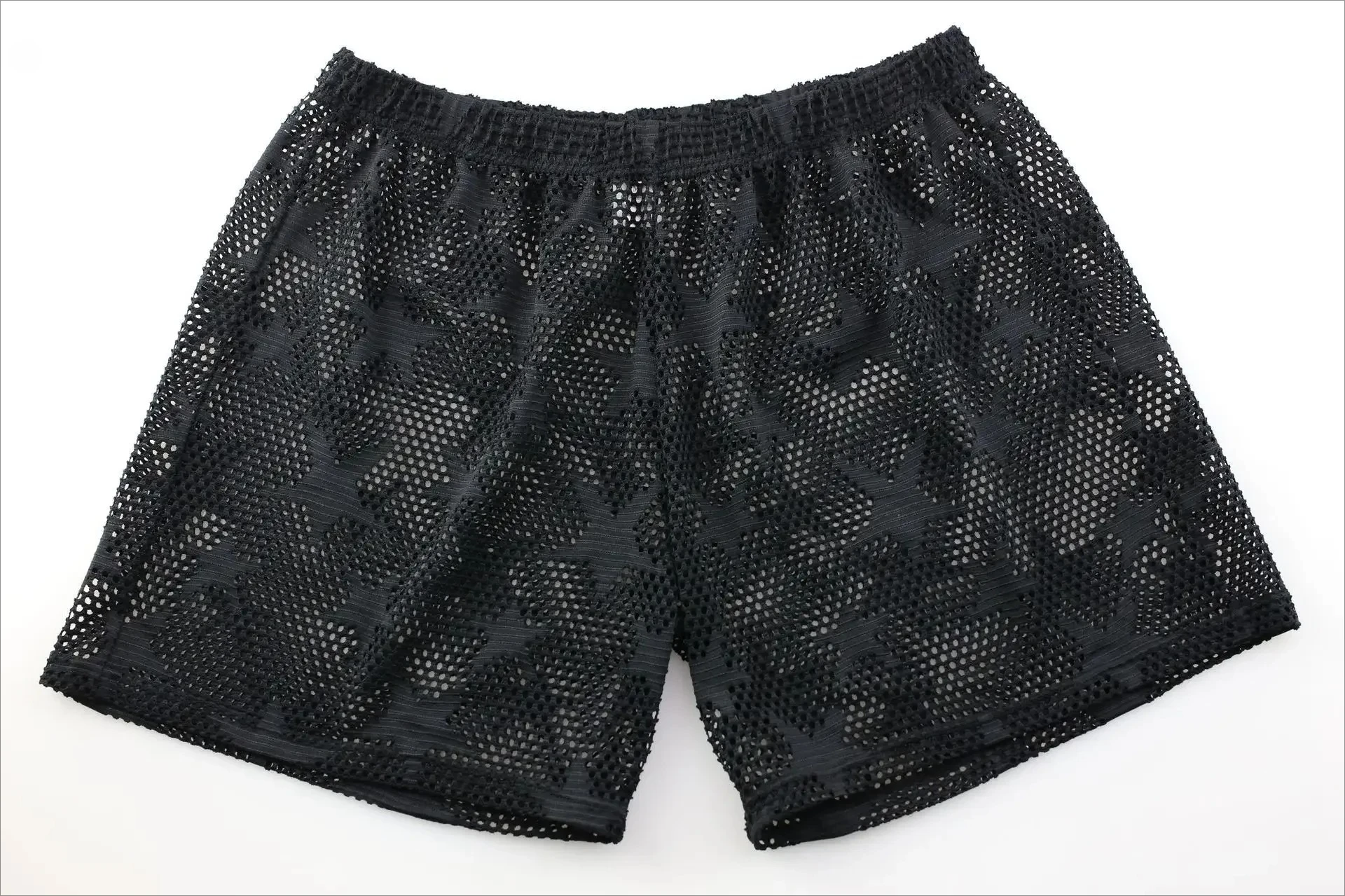 Men Star Mesh Lounge Shorts Hollow See Through Loose Mid Thigh Sleep Pants Japanese Style Breathable Male Home Wear
