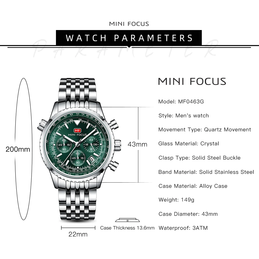 MINI FOCUS Multifunctional Fashion Business Quartz  Mens Watches Waterproof Chronograph Wrist Watch with Luminous Hands 0463G