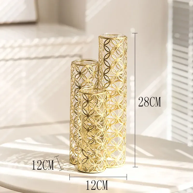 Mariage Design Vase Glass Luxury Transparent Vintage Golden High Flowers Vase Stand Decorative Metal Floreros Ornament