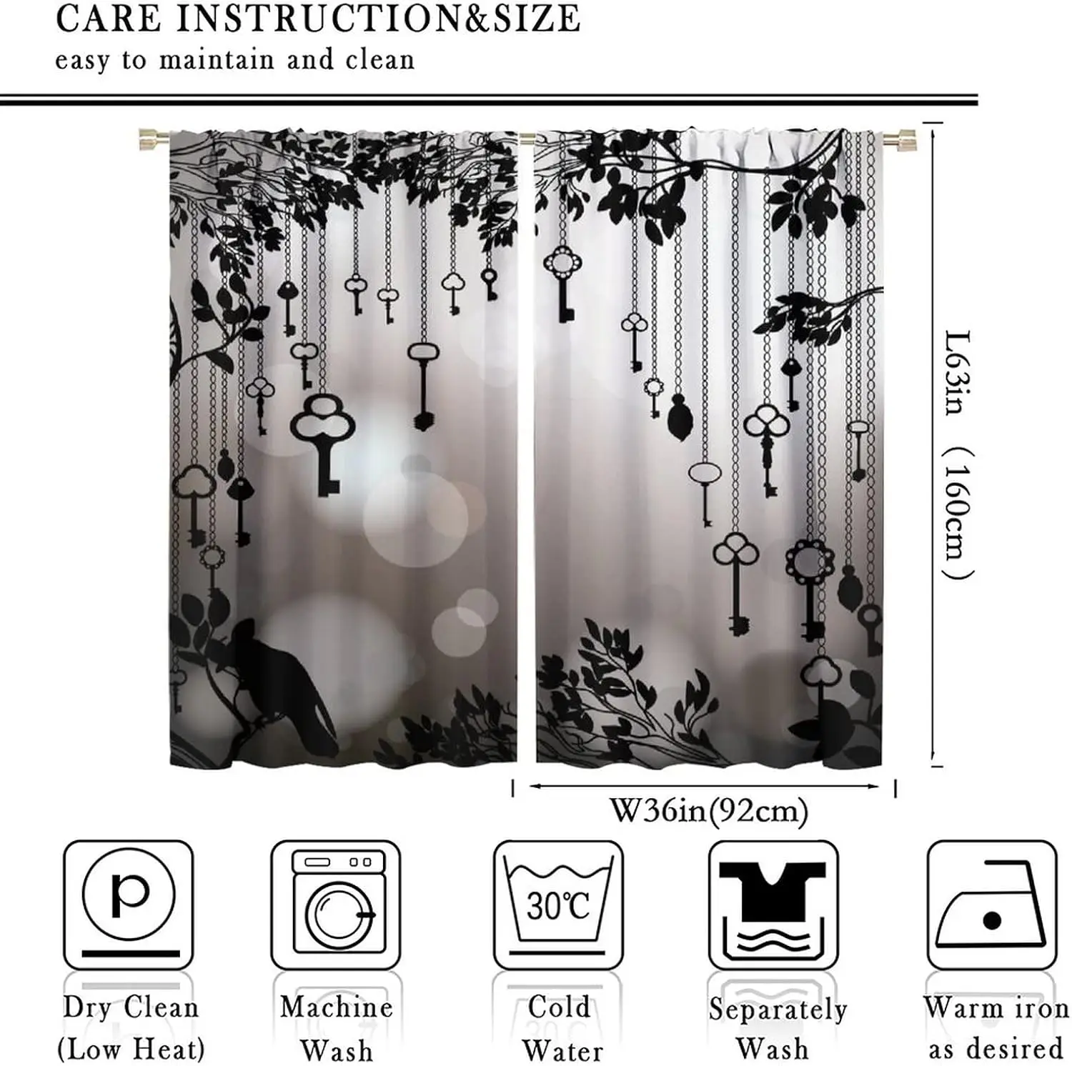 Gothic Crow Curtains, Black Birds Crow Decor Window Treatments for Living Room, Crow Black Dark Wings Thriller Curtain 2 Panels
