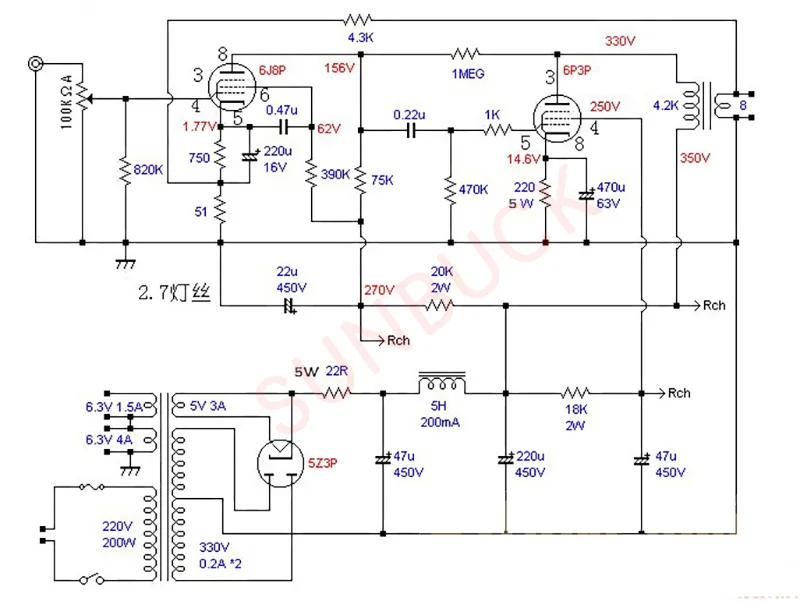 SUNBUCK 6J8P 푸시 EL34 6P3P 6L6 KT66 싱글 엔드 튜브 앰프, 2 스테레오 8W HIFI 진공관 앰프 오디오