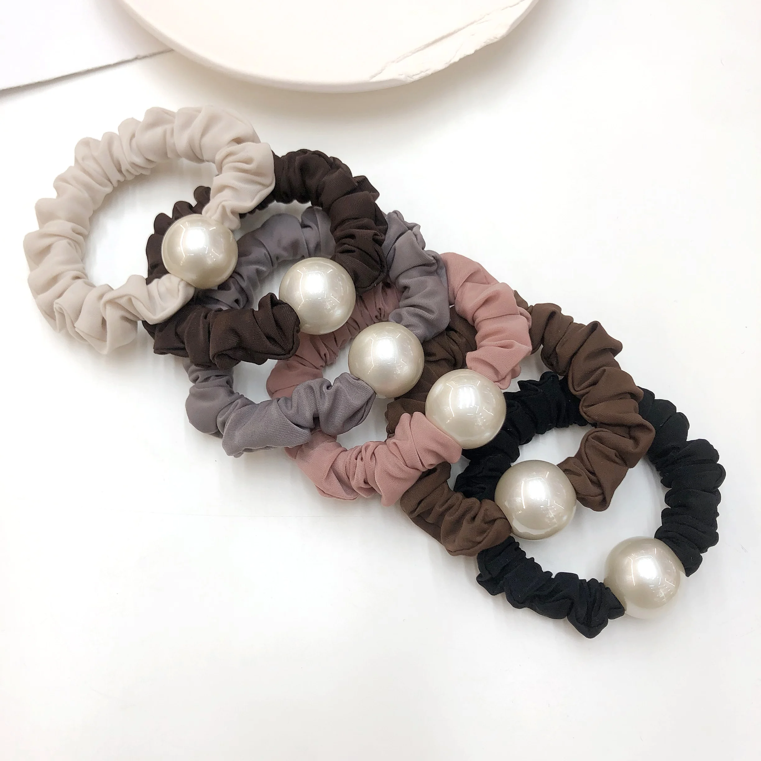 

10PCS Top Quality Solid Fabric Hair Scrunchies With 2cm Pearl Beads Women Elastic Hair Bands Girls Hair Ties Ponytail Holders