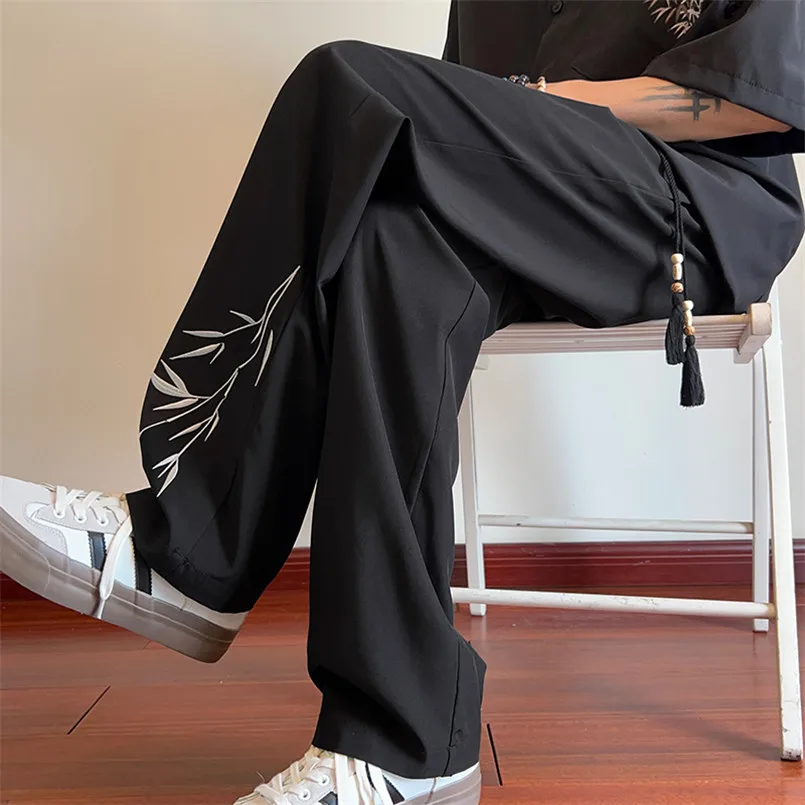 Chinese Style Pants For Men Hip Hop Harajuku Oversized Satin Bamboo Embroidery Leggings Pants Breathable Loose Male Overalls