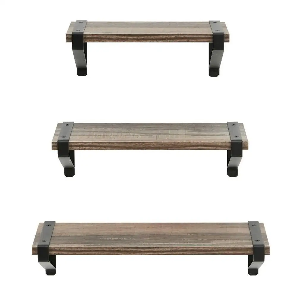 

3pc Capri Wall Shelf Set with Brackets Black/Rustic Storage Organization Wood Finished Shelves Kitchen Bathroom