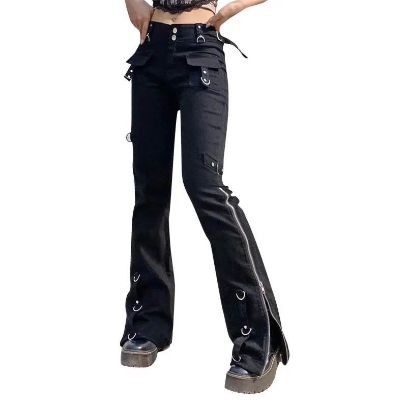 Retro Straight Jeans for Women, Aesthetic Dark Goth Pants, Vintage Y2K Style Streetwear, Casual Denim Trousers, Punk Style