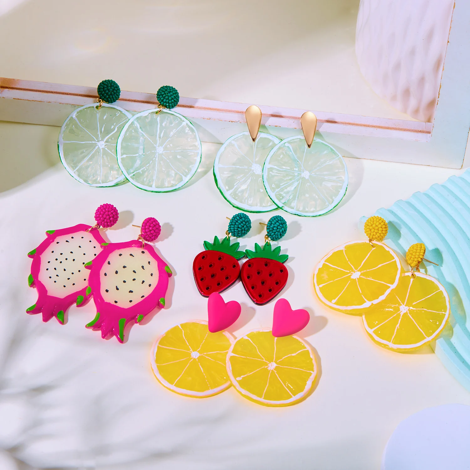 Boho Fruit Lemon Slice Acrylic Stud Earring for Women Girl Resin Dangle Heart Strawberry Pitaya Drop Wedding Summer Jewelry Gift