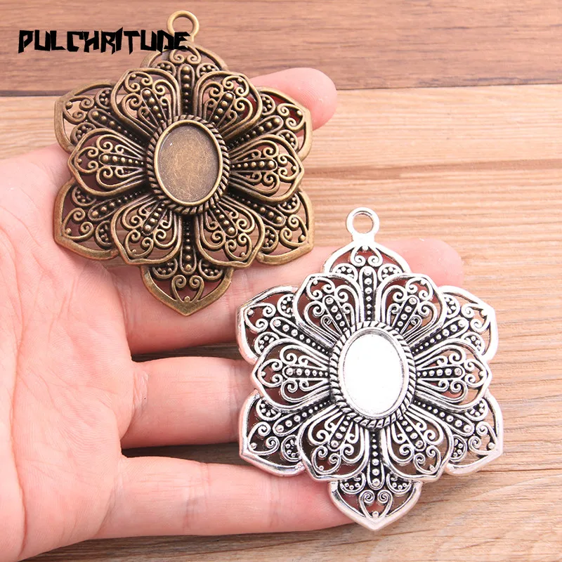 1pcs 13*18mm Inner Size Two Color Double Flower Plant Cabochon Base Setting Charms Pendant For DIY Jewelry Making