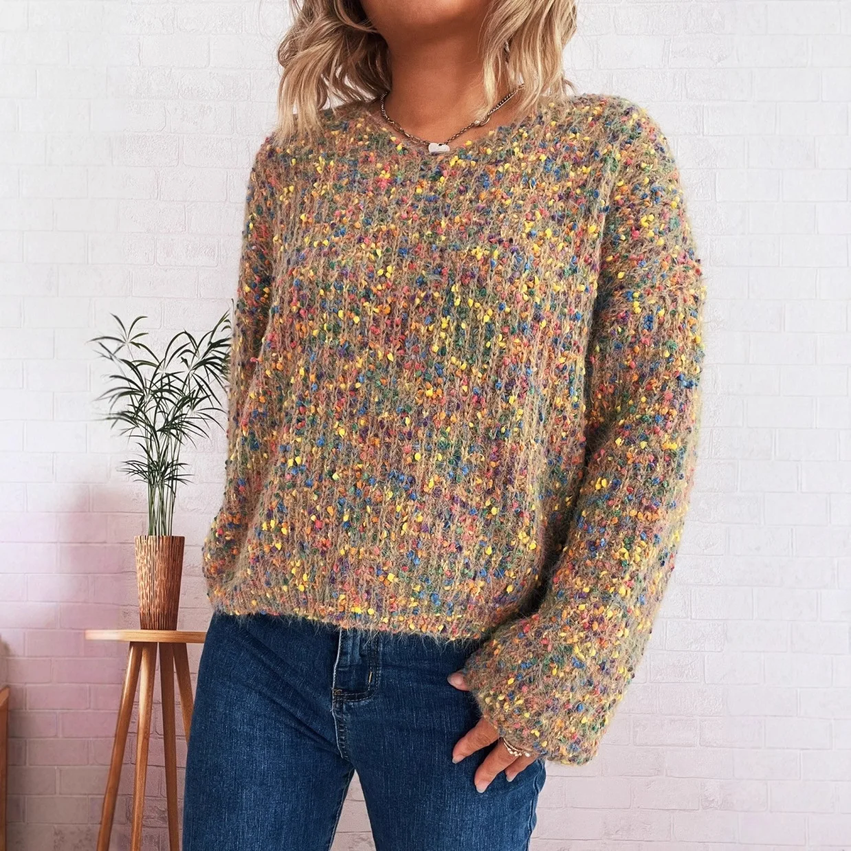 Colorful Knitted Sweater Women Autumn Winter New V-neck Long Sleeve Pullover Sweaters Fashion Lady Commuting Knitwear Clothing