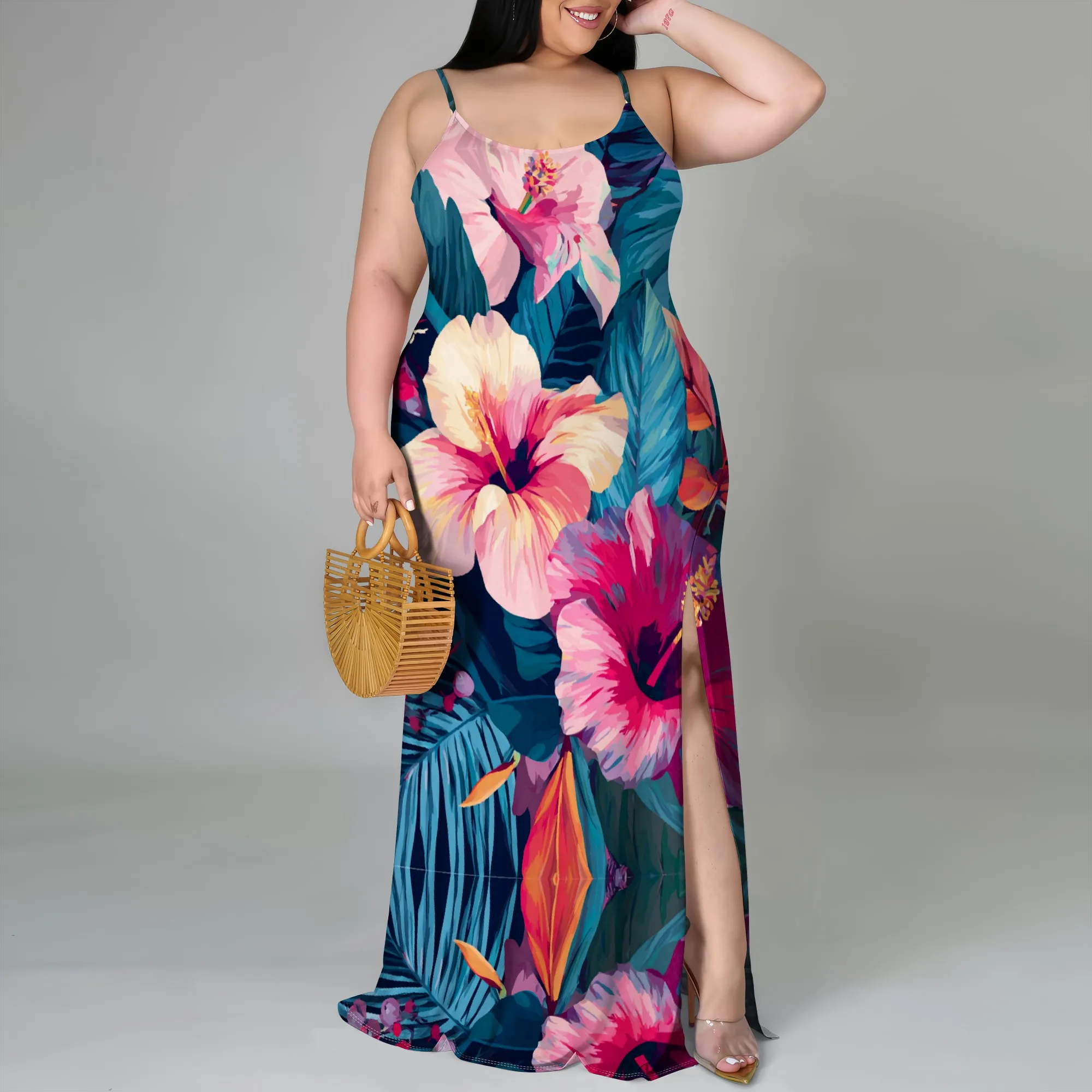 

Plus Size Women's Maxi Dress Tropical Floral Print Spaghetti Strap Slit Sundress Summer Beach Vacation Party XL-6XL 2025 New