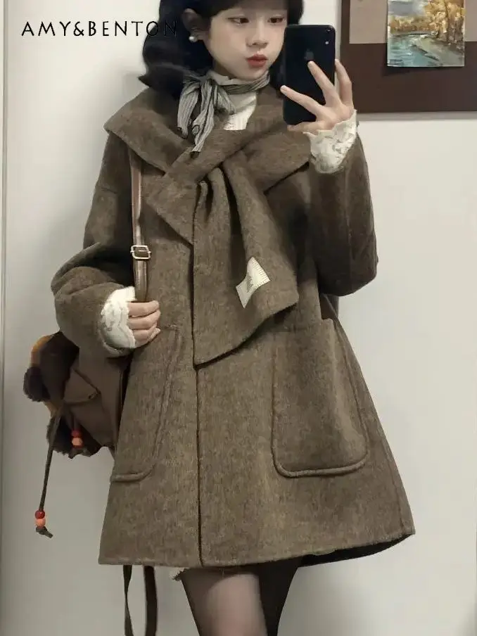

2025 Autumn Winter New Women's Commuting Style High-End Cape Scarf Double-Sided Wool Mid-Length Brown Overcoat