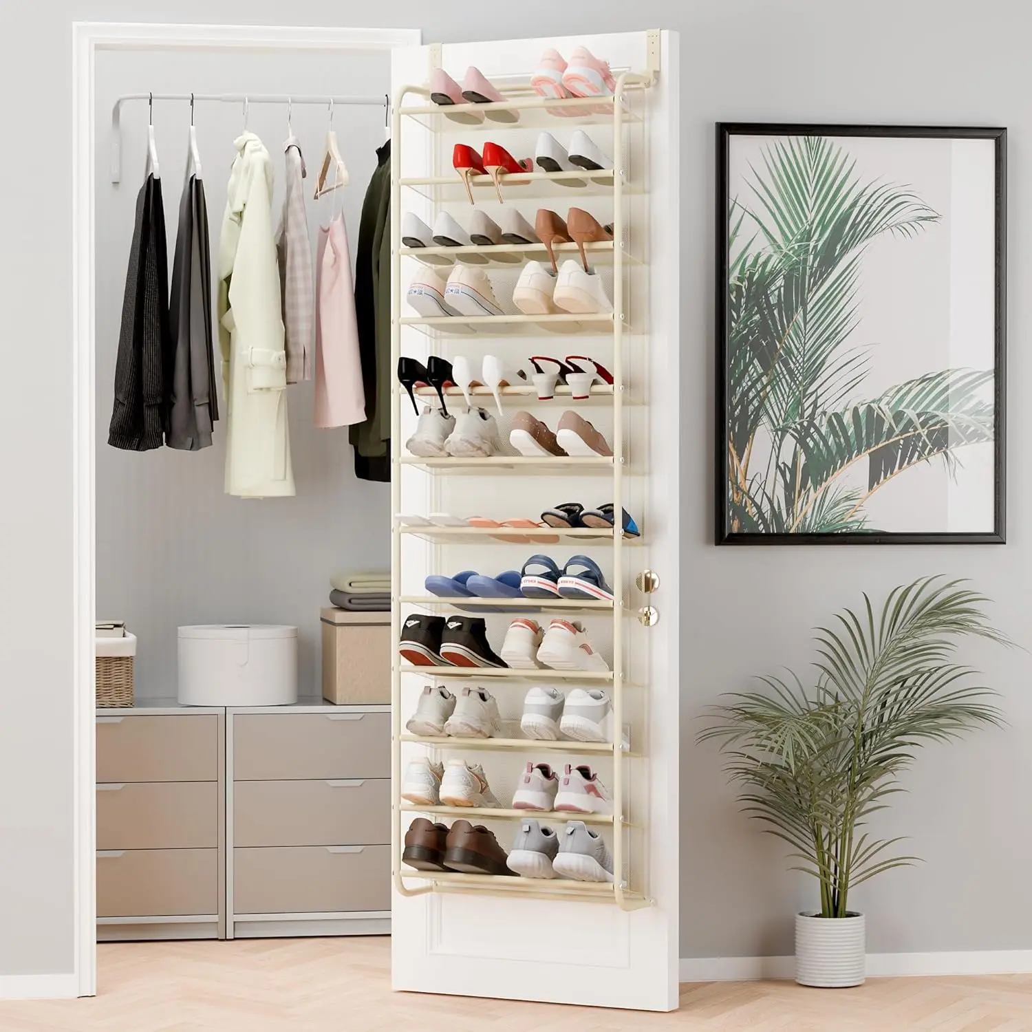 

Органайзер для обуви на дверь, 36 пар, 12-ярусная подвесная полка, прочный металлический сетчатый держатель для хранения в шкафу, бежевый