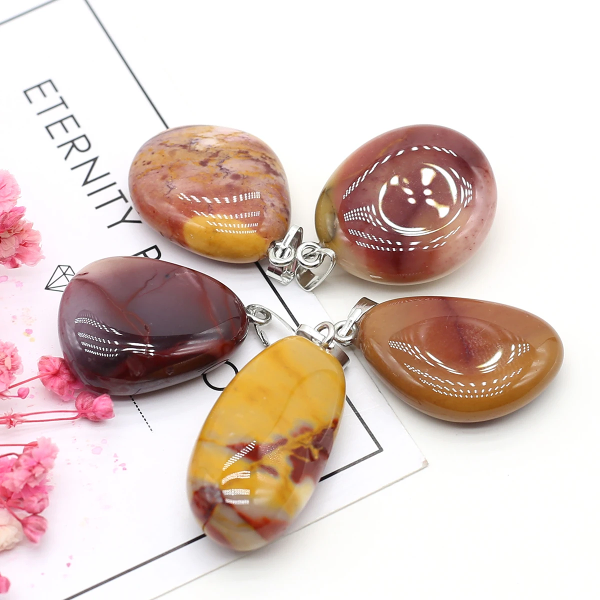 5PC Natural Stone Pendant Crystals Amethyst Rose Quartz Smooth Polished Gemstone Charms for Jewelry Making DIY Necklace Earrings