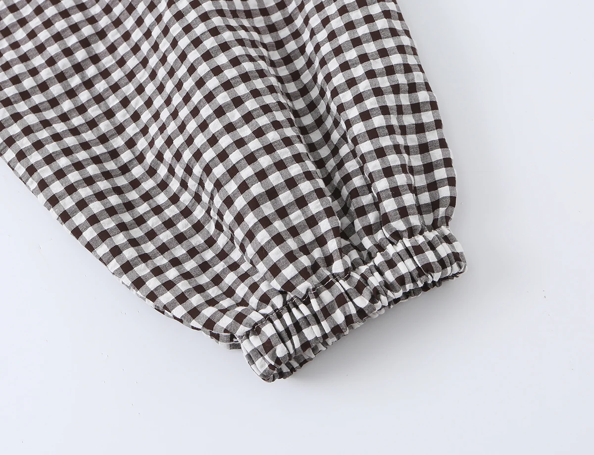 BSAY New Ladies Cropped Gingham Plaid Outerwear Stand Collar Long Puff Sleeve Button Up Drawstring Hem Casual Loose Check Jacket