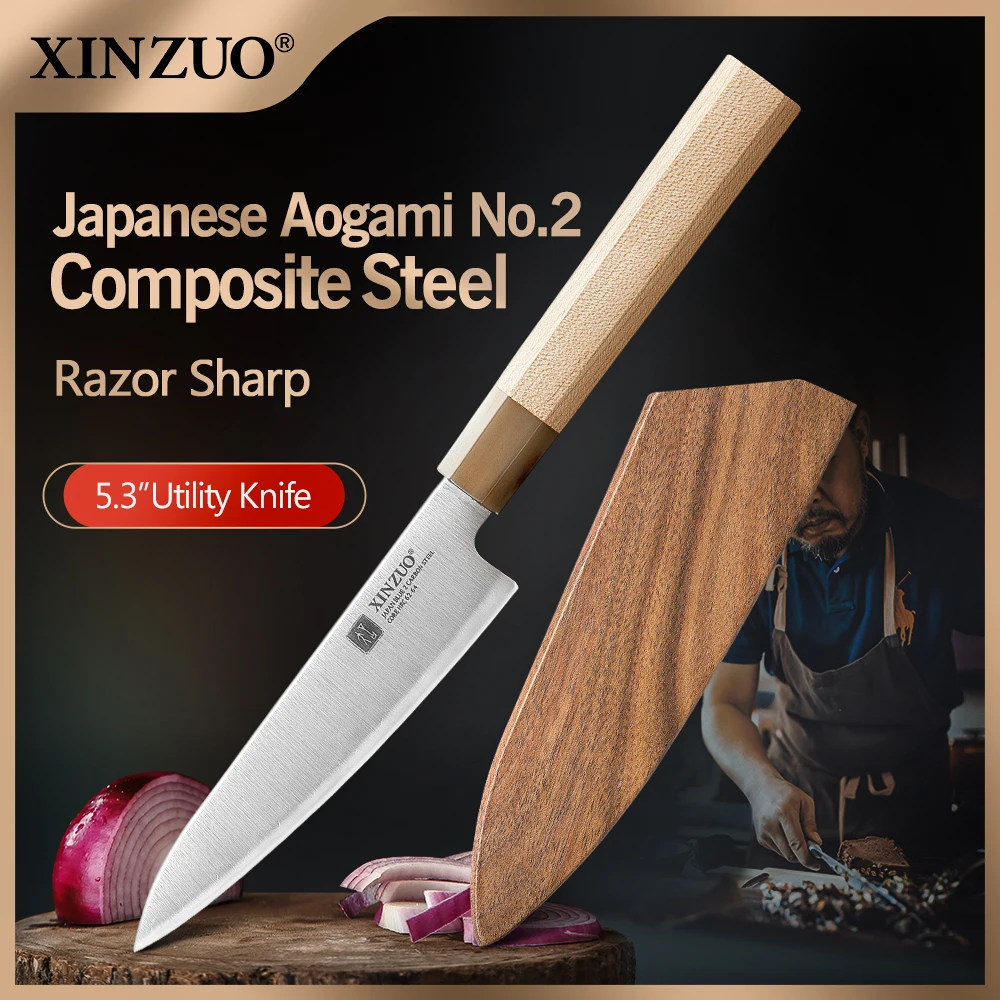 XINZUO 5,28 Zoll Allzweckmesser Sanyo Riki Aogami Nr. 2 Stahl 62-64 HRC Ahornholz Büffelhorn Griff Rostschutz mit Geschenkbox