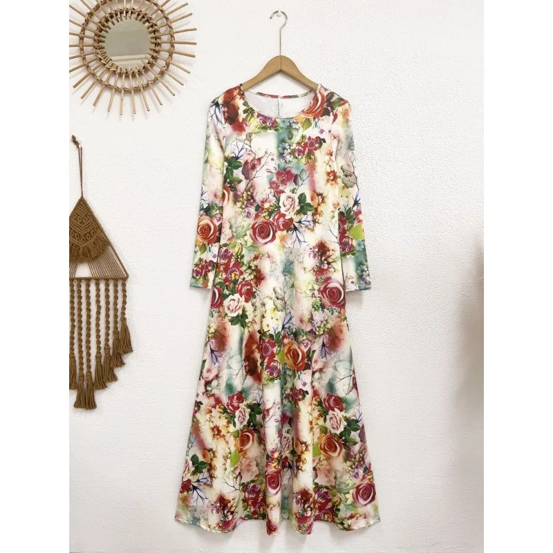 Vestido longo feminino elegante de verão simples estampa floral casual vestido de manga comprida