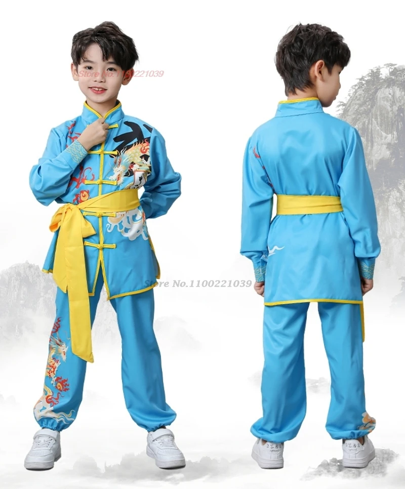 Costume traditionnel chinois de kung fu pour enfants, uniforme de wushu imprimé de dragon, exercice d'entraînement de wing-chun, 2024