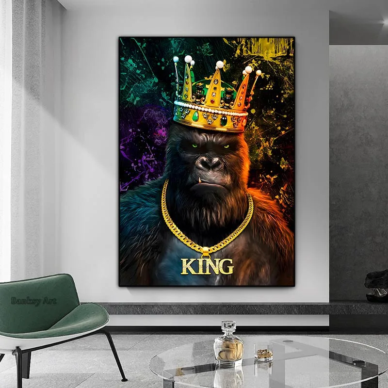 Gorilla With Crown Poster And Print Graffiti King Kong Canvas Painting Orangutan Animal Wall Art Home Decor Murals Frameless