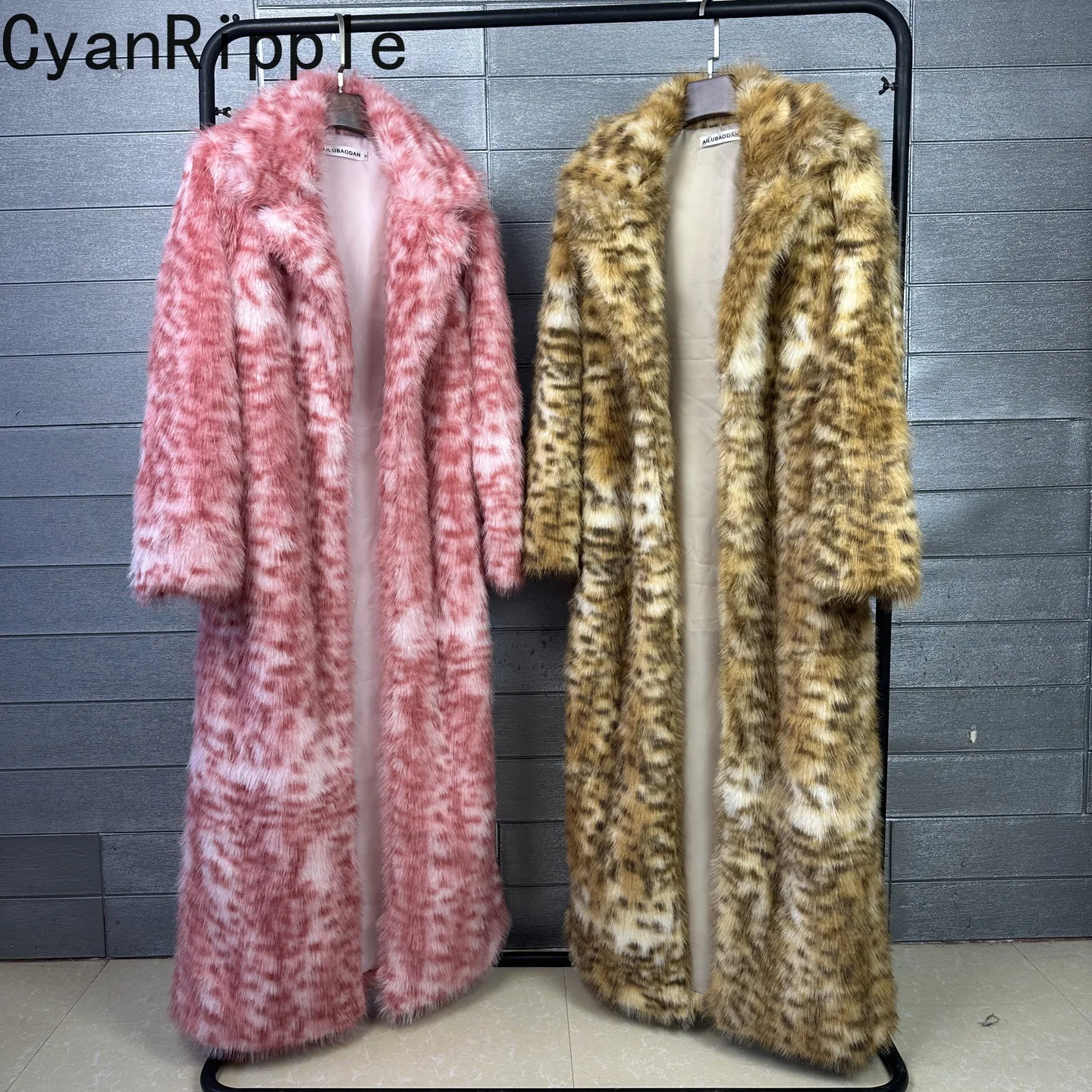 Imitation Lynx Fur Coat New Winter Leopard Print Ultra Long Female Overcoat Turn-down Collar Full Sleeve Warm Faux Fur Jacket