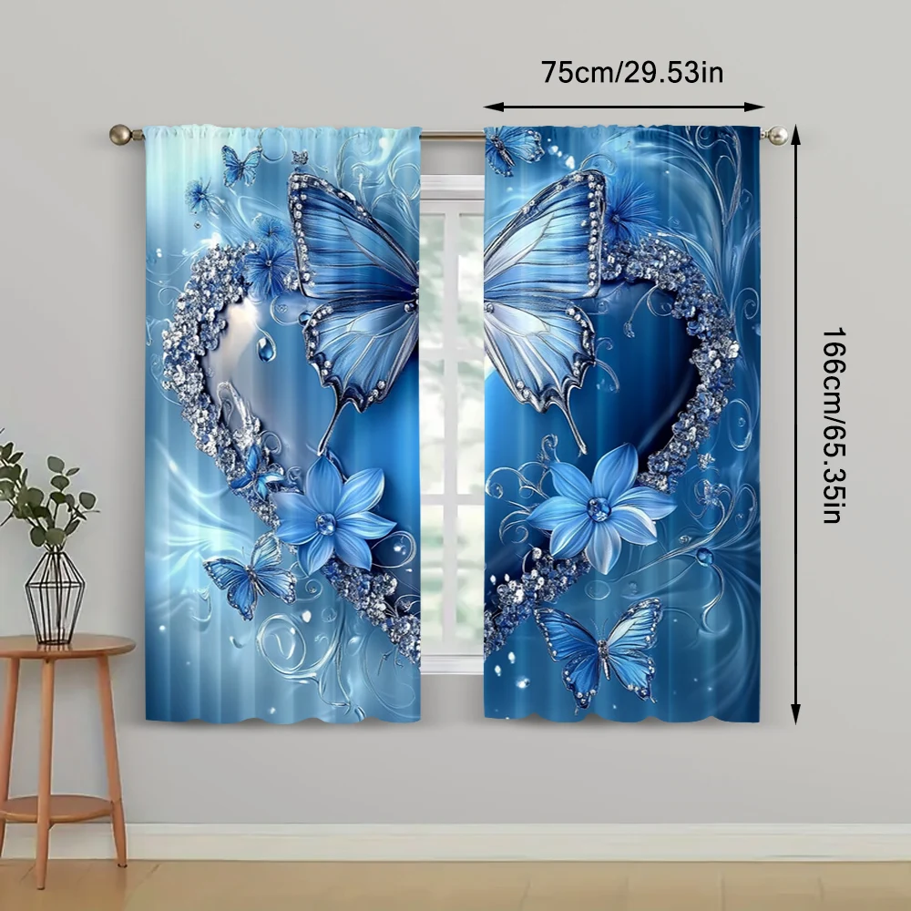 2Pc Blue Heart Butterfly Curtain With Rod Hole Curtain Perfect For Bedroom Office Kitchen Living Room Study Home Decor_ai8 - Image 3