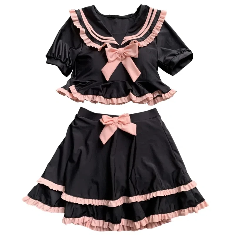 Cute School Girl Cosplay Sukumizu Bow marynarski kołnierzyk dwuczęściowy strój kąpielowy czarny Lolita wzburzyć strój kąpielowy Bikini topy zestaw