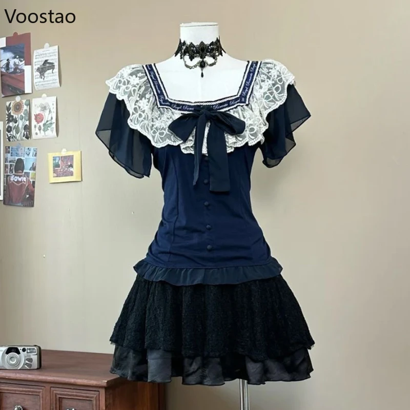 

Японский винтажный комплект из двух предметов Y2k, женские готические кружевные оборки, квадратный воротник, бант, блузки, топы, мини-юбка, костюмы, облегающие наряды в стиле гранж