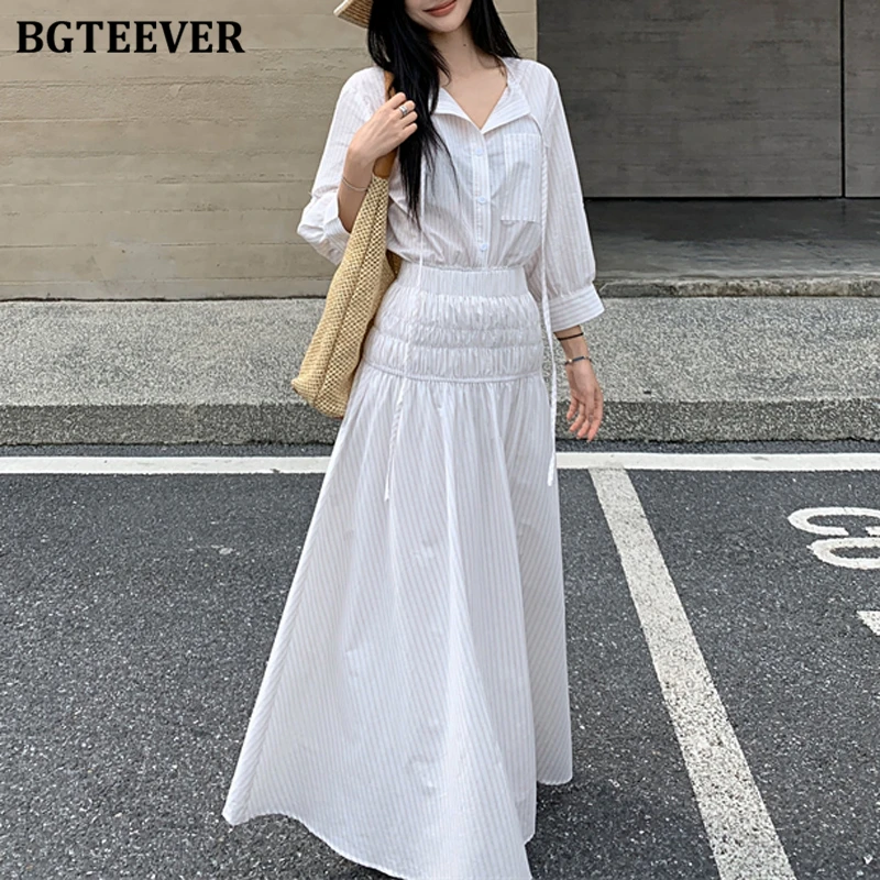 BGTEEVER スタイリッシュな女性ストライプ衣装長袖シングルブレストブラウスシャツ & A ラインスカート夏のレディース 2 点セット