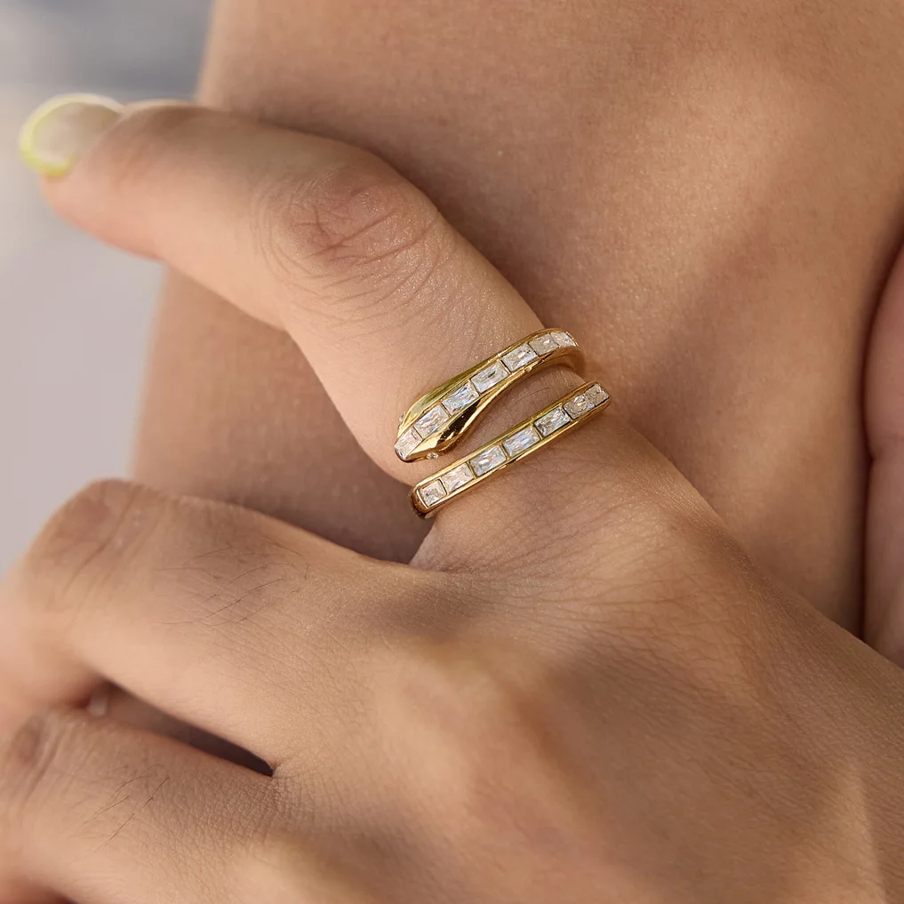 Ars Stainless Steel Snake Ring for Women 18k Gold Plated Rings with Zircon Statement Finger Ring Non Tarnish Rings Gift for Her