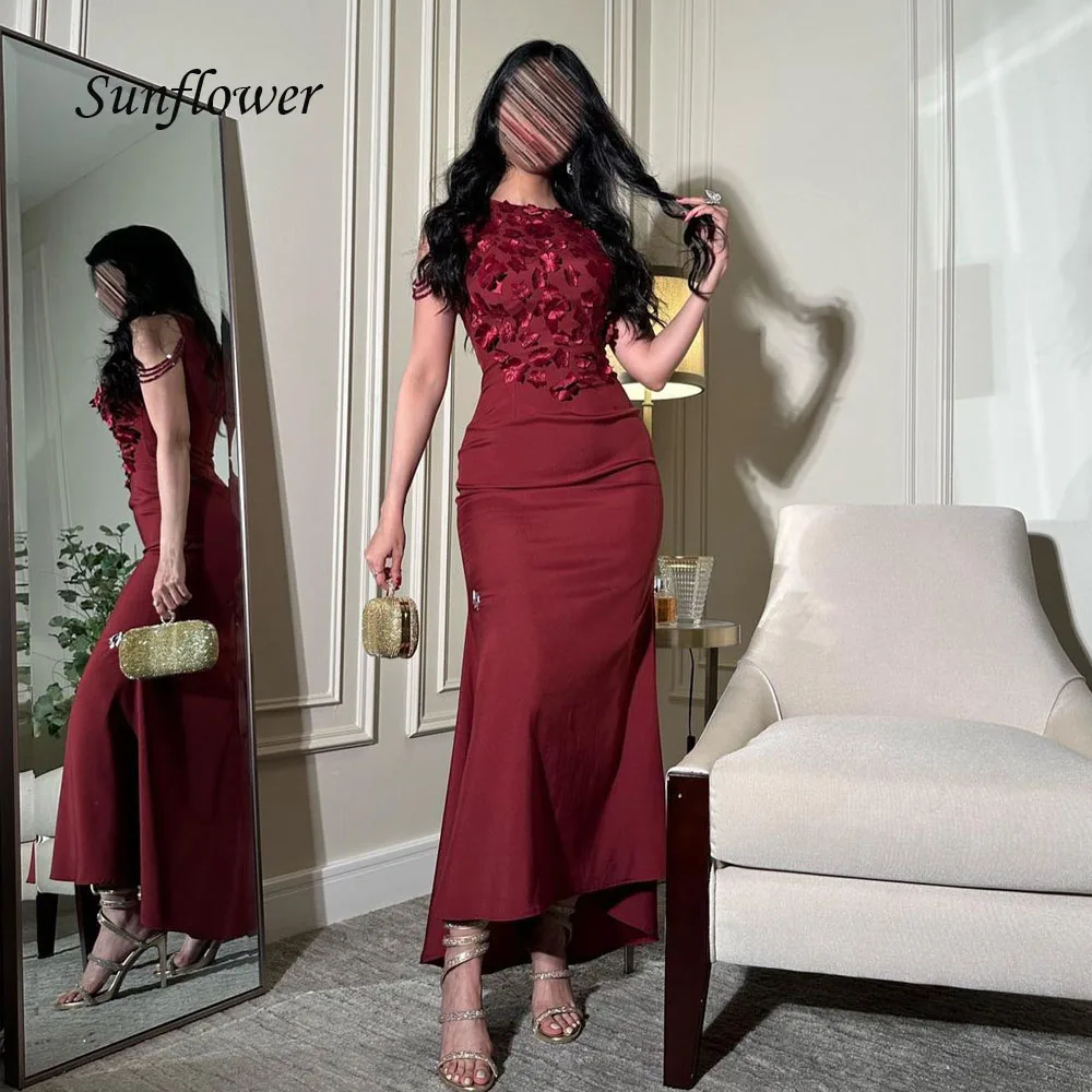 Sunflower Red O-Neck Appliques Mermaid Formal Evening Dress Saudi Arabia 2024 Slim Beading Crepe Ankle-Length Prom Dress