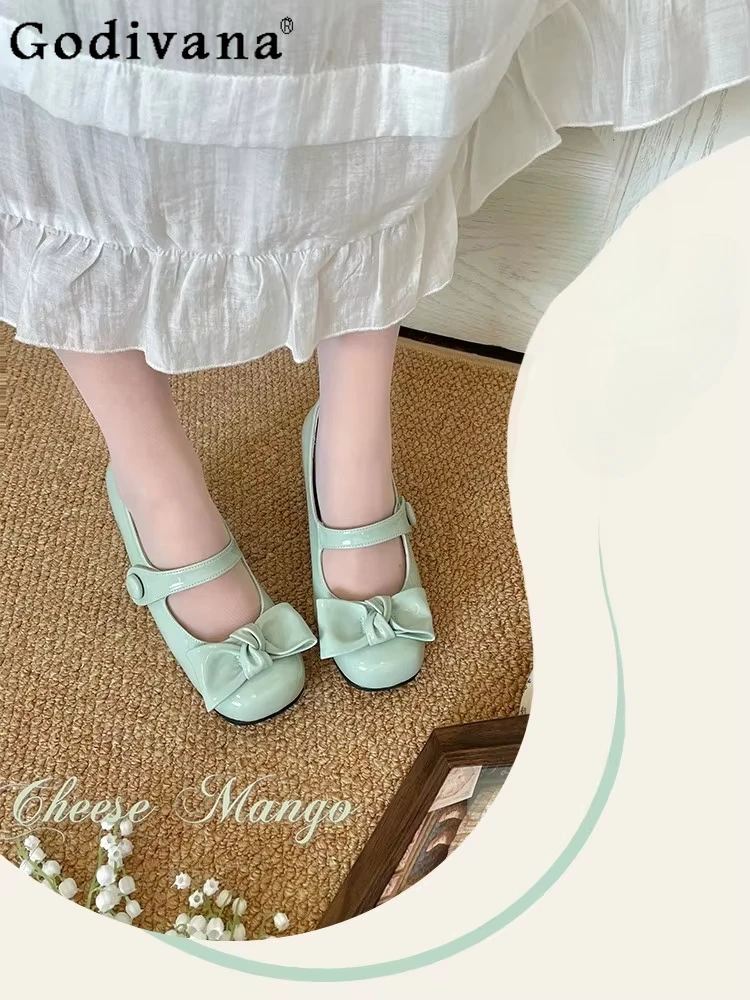 

Sweet Girl Bow Elements High Heels Gentle Elegant Princess Mary Jane Single Shoes Macaron Thick Heels Women's Leather Shoes