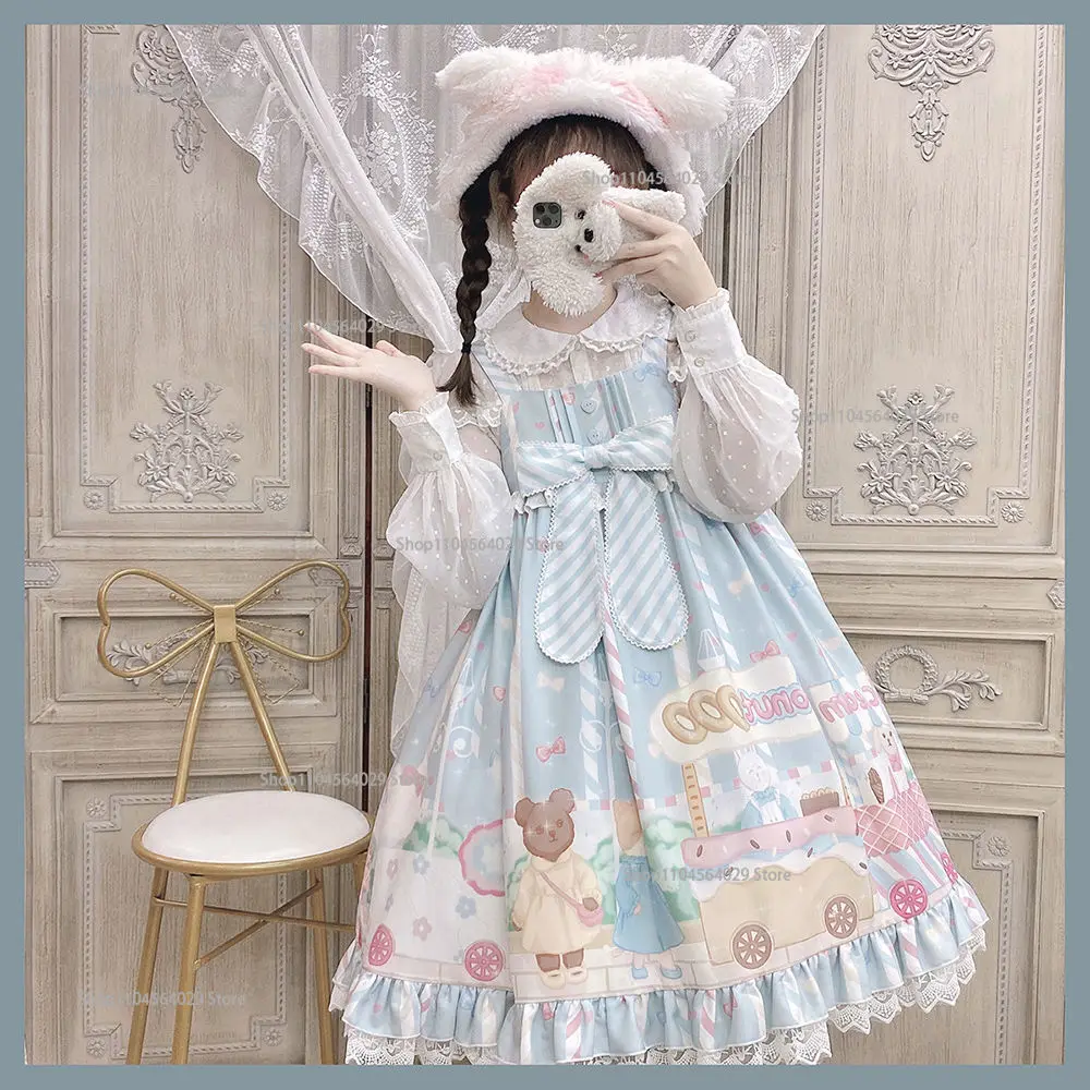 

Japanese Harajuku Dream Jsk Lolita Dress Kawaii Cute Cat Print Bow Lace Strap Dresses Girl Sweet Princess Mini Camisole Dress