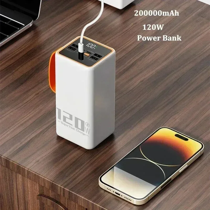 Banque d'alimentation à charge super rapide, chargeur de batterie externe portable, lumière LED, iPhone, Xiaomi, ordinateur portable, nouveau, 120W, 200000mAh