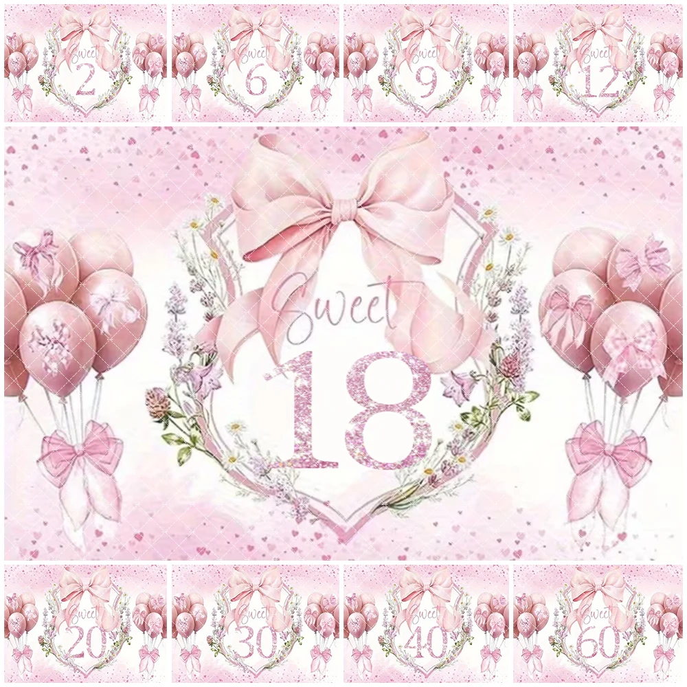 

Pink Bow Birthday Party Decorations Balloon Flowers Customizable Numbers Girl Birthday Background Banner Supplies Kids Baby Prop