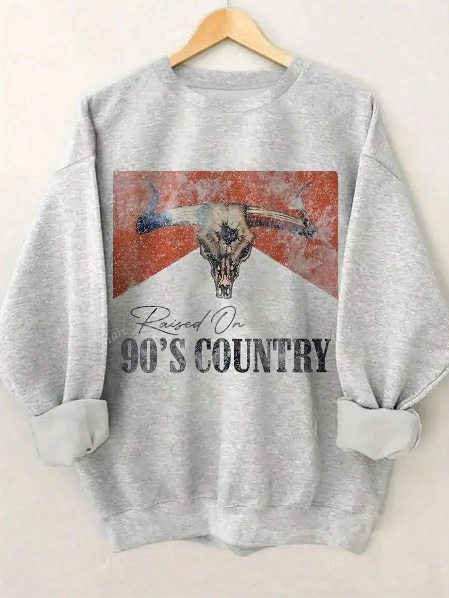 

Ретро-свитшот с графическим принтом в виде бычьего черепа - свободный крой, круглый вырез горловины