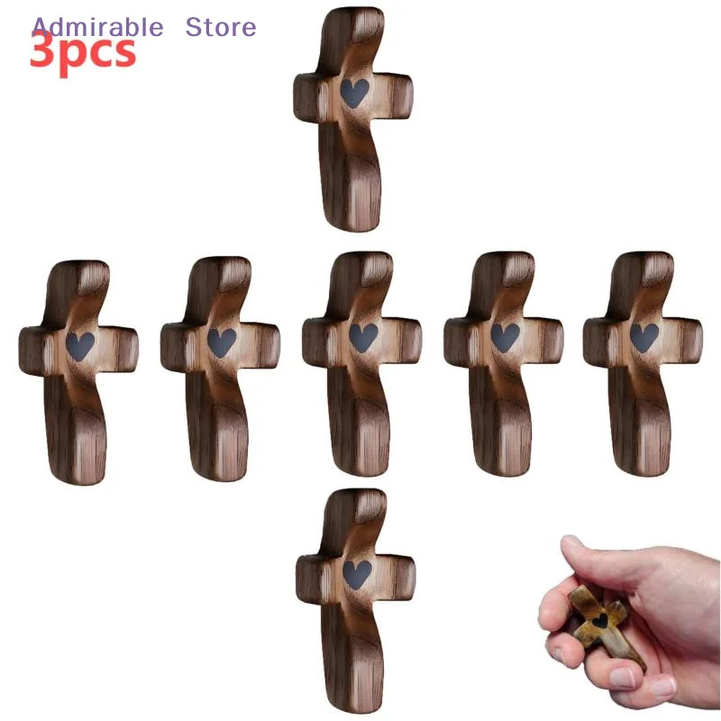 w3pcs Cross My Heart Encouragement Gift Handheld Wooden Cross With Epoxy Heart To Carry In Pocket Emotional Support