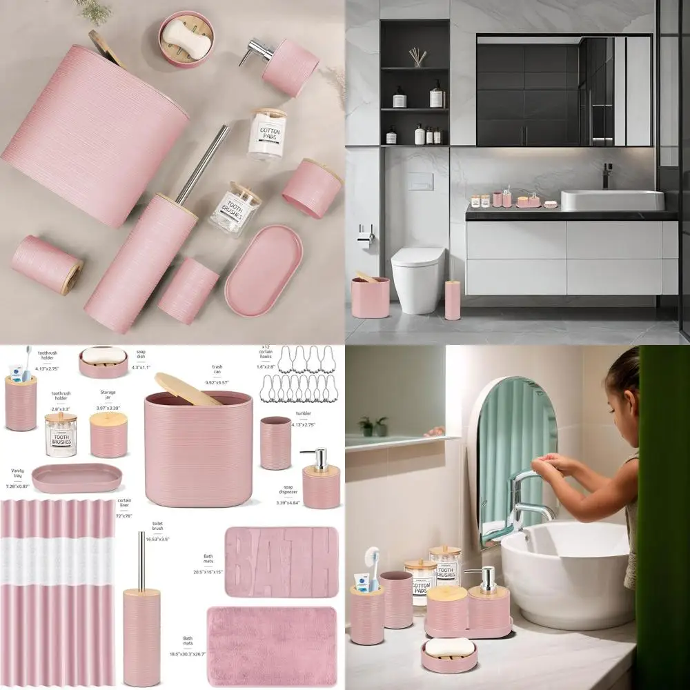 

Complete 26-Piece Pink Bathroom Accessory Set with Shower Curtain, Mats, Waste Bin, and More