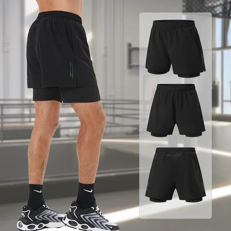 Men's 2 In 1 Running Shorts Jogging Gym Fitness Training Quick Dry Beach Short Pants Male Summer Beach Sports Workout Bottoms